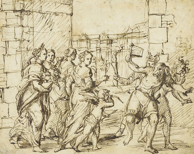 Personificaciones de la fertilidad encuentran a los Luperci disfrazados de perros y cabras. Wikimedia Commons